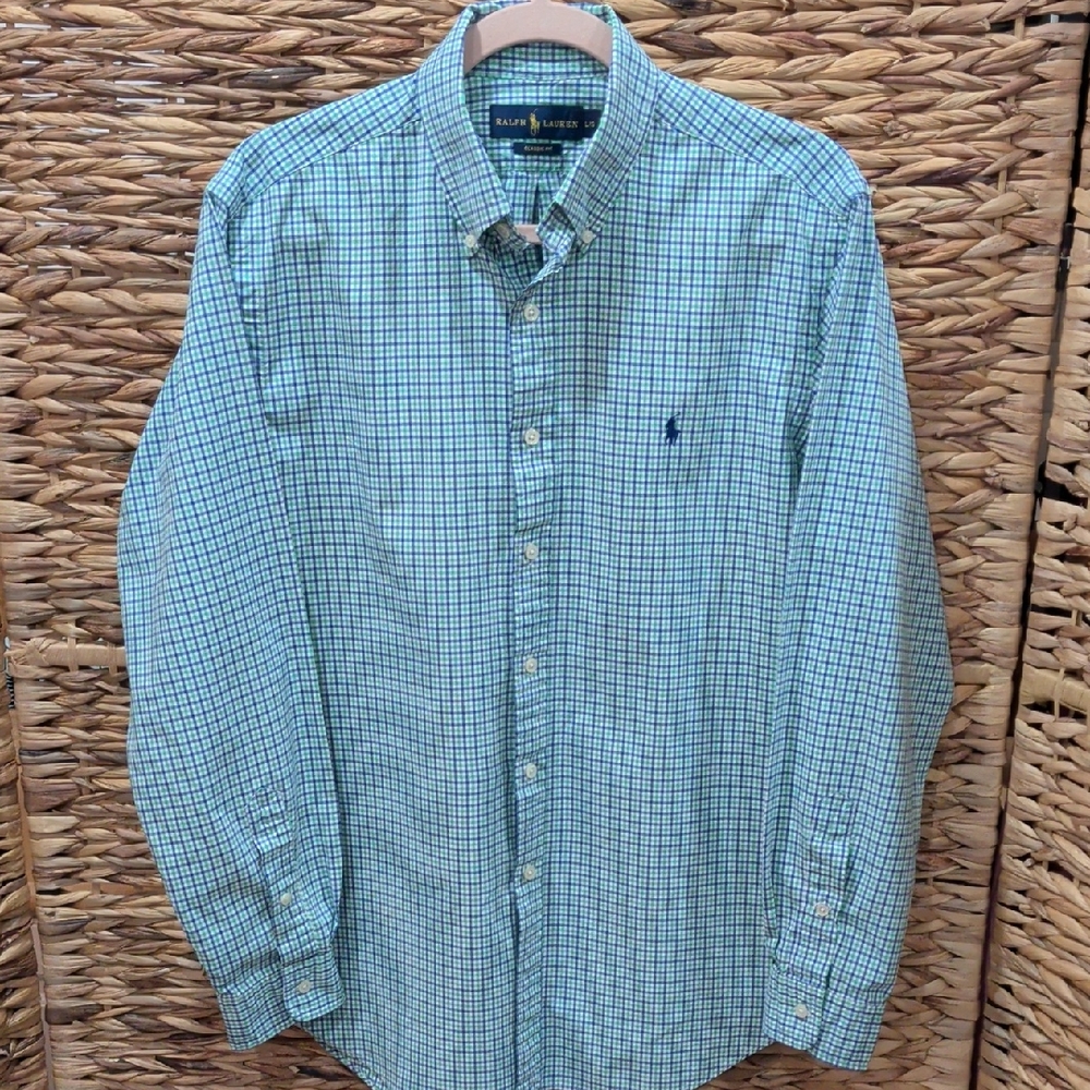 Ralph Lauren Blue Green And White Check Button Down Shirt Size L